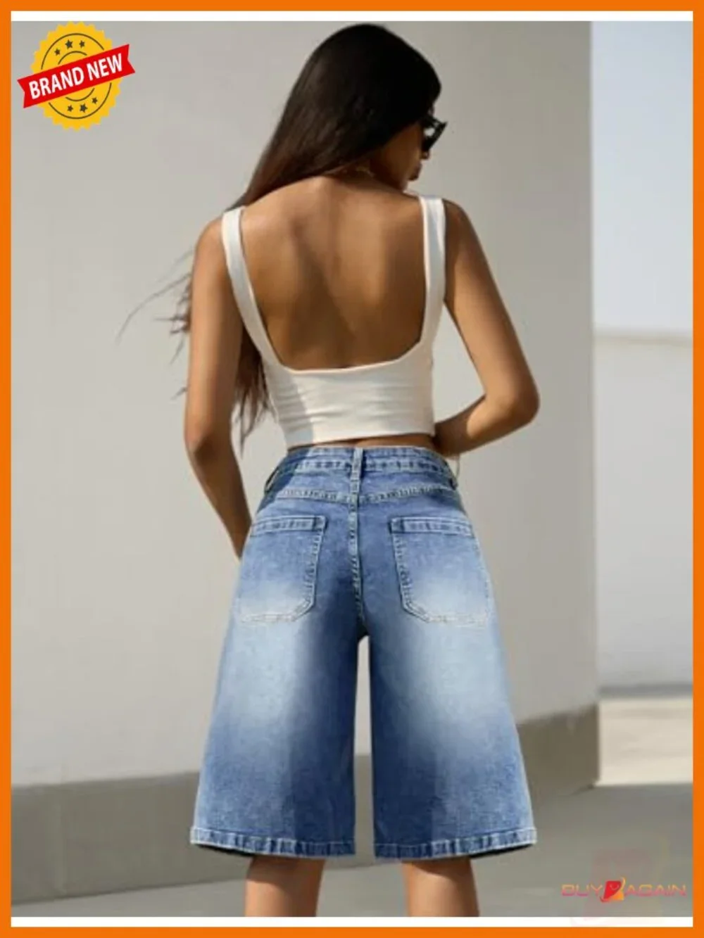 Women's Mid-Low Waist Denim Bermuda Shorts Baggy Loose Fit Knee-Length Jorts